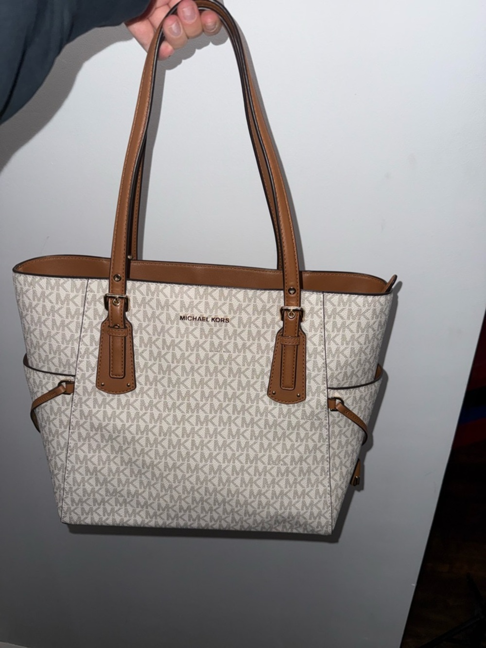 Michael Kors Voyager Vanilla Ew Tote, Cream Logo Tote with Brown Trim